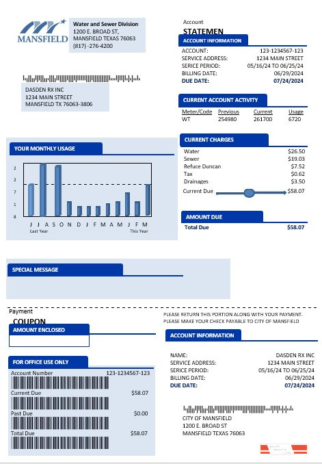 USA Mansfield Texas business utility bill template in Word and PDF formats